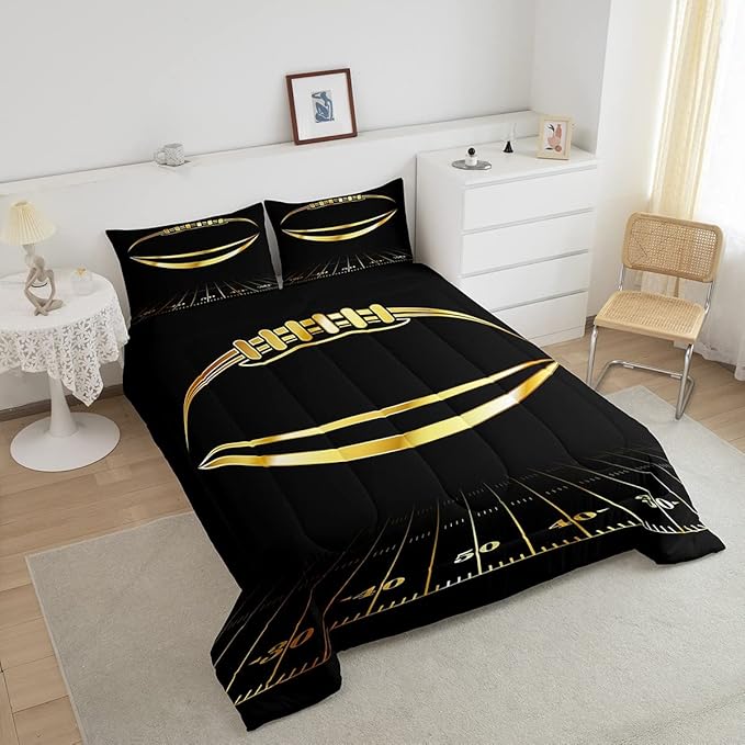 Football Bedding Set Full Kids Rugby Sports Comforter Set American Football Comforter Set for Boys Golden Black Room Decor Lightweight Quilt Set with 2 Pillow Case