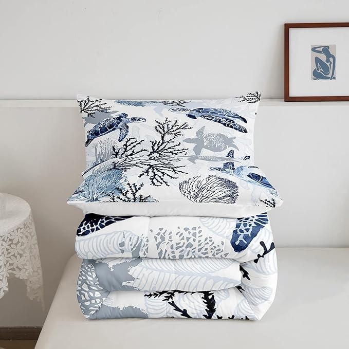 Turtle Comforter Set Full,White Blue Hawaiian Turtle Bedding for Kids,Reptile Tortoise Quilt Duvet Set Coastal Beach Theme Comforter Retro Sea Turtle Bed Set for Boys Girls Bedroom Decor(Marine life)