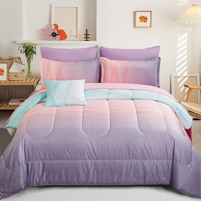 Girls Comforter Set Twin Size Colorful Ombre Blue Pink Purple Rainbow Bedding Set 6 Pieces Bed in A Bag for Kid Teen (1 Comforter, 1 Flat Sheet, 1 Fitted Sheet, 1 Pillow sham, 2 Pillowcases)
