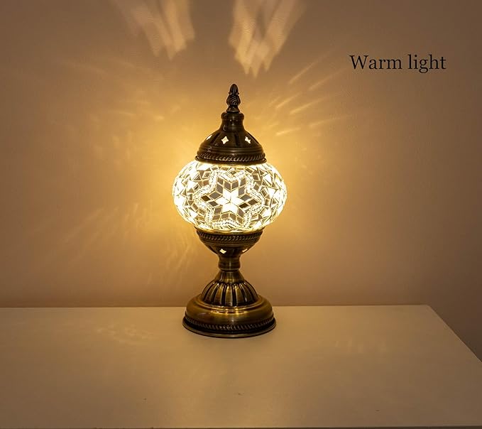 Turkish Mosaic Lamp Bohemian Tiffany Style Stained Glass Bedside Lamp for Bedroom (White)
