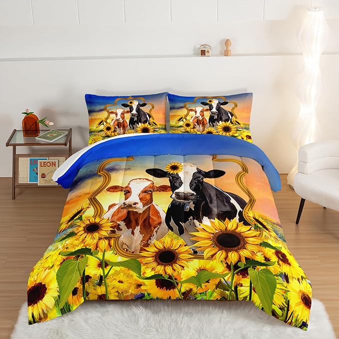 HOSIMA Animal Theme Bedding Set Bull and Cow Comforter with 2 Pillowcases,Sunflower Comforter Set for Adults Teens Kids,Brown Cowhide Black White Cow Print Western Bedding Sets Queen.