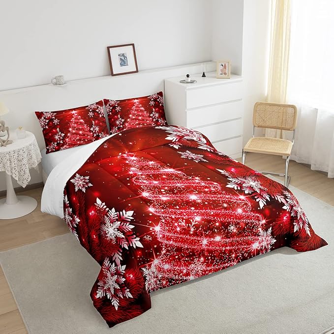 Feelyou Christmas Tree Comforter Set for Children Kids Boys Girls Luxury Chic Xmas Theme Bedding Set Glitter Snowflake Star Comforter Microfiber Red Duvet Set Room Decor Quilt Set Twin Size