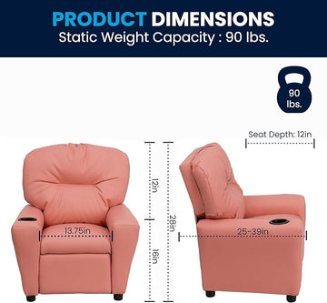 Flash Furniture Chandler Vinyl Kids Recliner with Cup Holder and Safety Recline, Contemporary Reclining Chair for Kids, Supports up to 90 lbs., Pink