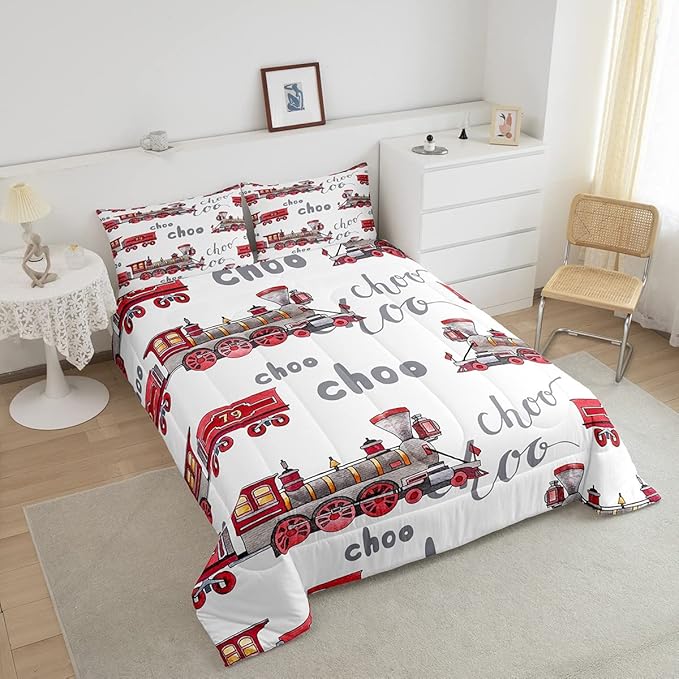 Feelyou Cartoon Car Bedding Set Kids Train Comforter Set Boys Girls Choo-Choo Rail Roads Tracks Decor Comforter Microfiber Train Construction Duvet Set Bedroom Quilt Set Twin Size