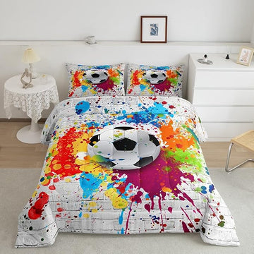 Feelyou Football Bedding Set Rugby Sports Comforter Set Soccer Ball Game Comforter for Boys Girls Teens Decor Gift for Football Lover Duvet Set Queen Size with 2 Pillow Case Boys