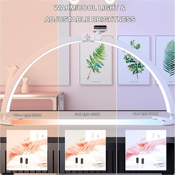 BQAN Half Moon Light for Nail Desk, 29'' 40W Nail Tech Desk Lamp with Phone Holder & Wire Controller & Remote, Stepless Adjustment Desk Lamp for Nails, Tattoo, Eyelash Extensions