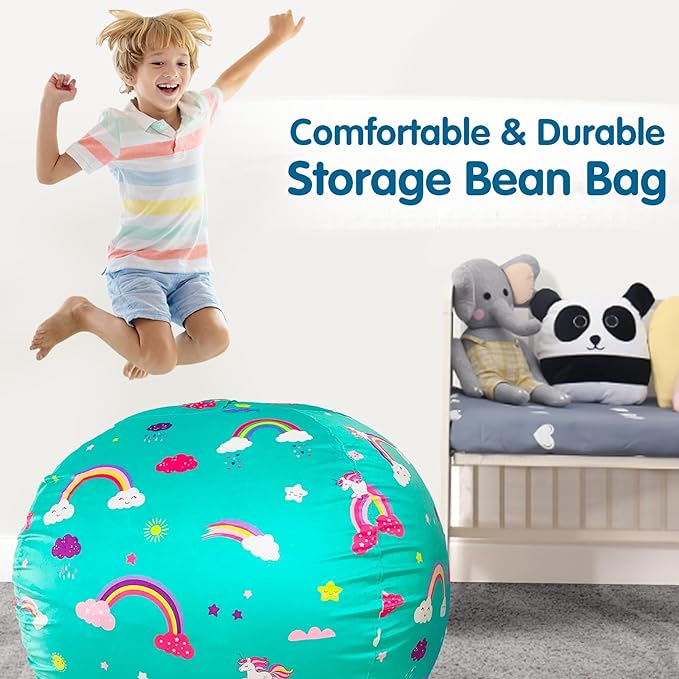 Lukeight Unicorns Stuffed Animal Storage Bean Bag Chair Cover for Kids, Unicorns Zipper Beanbag Chair Cover for Organizing Toddler & Kids' Rooms Plush Toys (Rainbow Green, XX-Large)