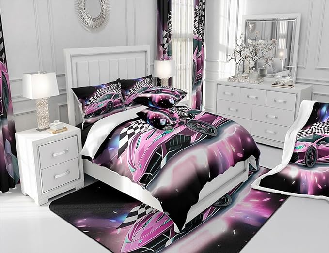 Pink Race Car Bedding Set King Size,Racing Flag Black White Lattice Duvet Cover with 2 Pillowcases,Extreme Sport Game Comforter Cover for Kids Youths Boys Girls Room Decor,Modern Quilt Cover