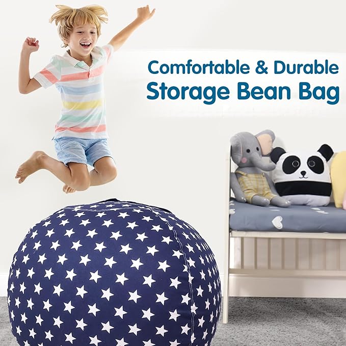 Lukeight Stuffed Animal Storage Bean Bag Chair Cover for Kids, Zipper Beanbag Chair Cover for Organizing Toddler & Kids' Rooms Plush Toys (Stars Navy Velvet, Large)
