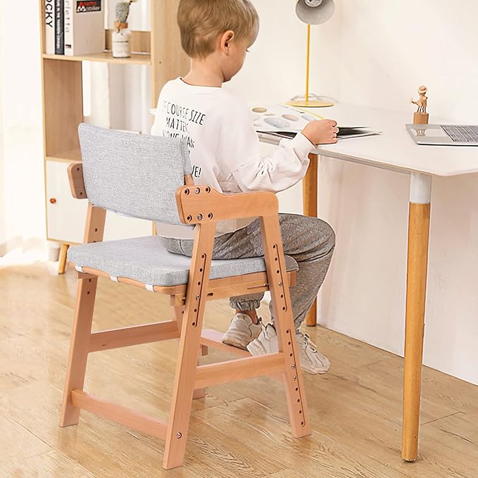 Ezebaby Wooden High Chair, Adjustable Highchair for Toddlers to Teens with Steps, Kids Dining Chair, Study Chair with Removable Cushion (Natural Color)