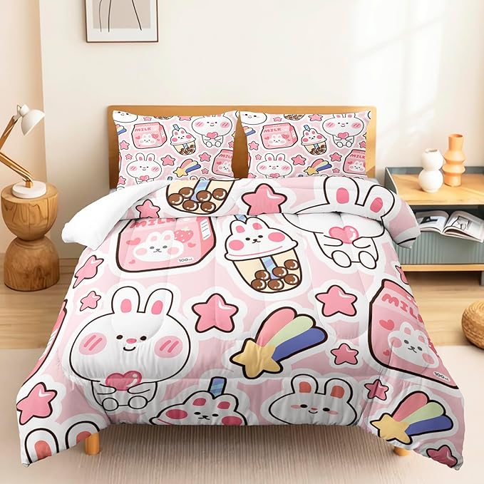 CVHOUSE Kawaii Bedding Twin Size,Kawaii Rabbit Bedding Set for Girls Kids,Cute Rabbit Comforter Set Kawaii Rabbit Duvet Set Rabbit Pattren Quilt Set Girls Room Decor 3 Pieces