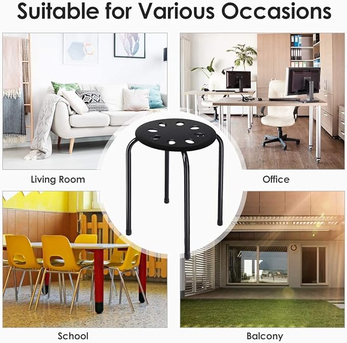 Hysache Plastic Stackable Stools Set of 6, 17.5" Multipurpose Stool Chairs w/Metal Frame, X-Shape Connection, Non-Slip Feet, Backless School Classroom Nesting Stool for Students Child Kids (Black)