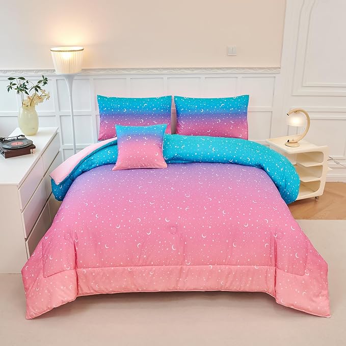 URBONUR 6 Pieces Full Size Comforter Set for Girls Moon Star Printed Bedding Set Gradient Pink Purple Blue, Soft Microfiber All Season Kids Bed Sets (Full Size, 6PCS)