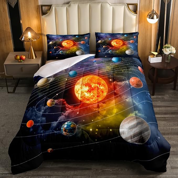 Erosebridal Solar System Bedding Set King Galaxy Space Comforter Set for Kids Boys Toddler Outer Space Room Decor Nebula Planets Orbit Comforter Celestial Universe Stars Quilt Duvet 2 Pillowcases