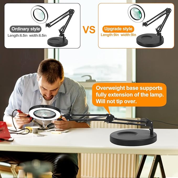 Magnifying Glass with Light and Stand,2-in-1 Lighted Magnifier Deskop lamp with Clamp,5X&10x Real Glass 3 Color Stepless Dimmable Magnifying Desk Lamp for Close Works Reading Crafts Hobby Soldering