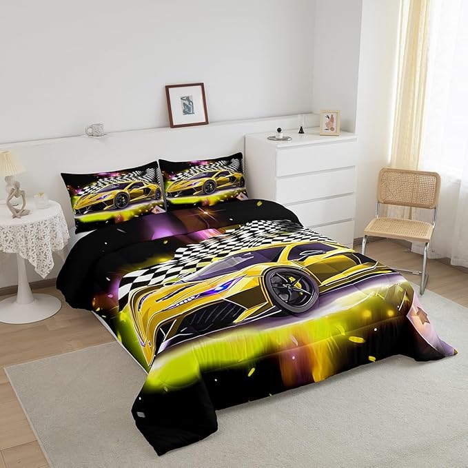 Yellow Sports Car Comforter Sets Full Size, Boys Race Car Bedding for Teens Girls Adult Extreme Speed Race Car Duvet Sets Black and White Grids Print Car Theme Bedroom Decor Quilts
