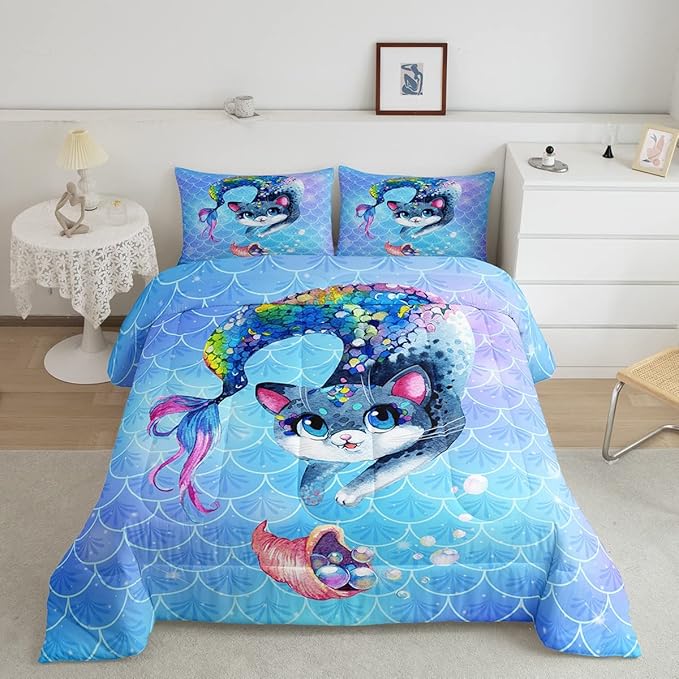 Rainbow Cartoon Cat Bed Sheet Set Colorful Mermaid Comforter Set for Kids Boys Girls Teens Room Decor Blue Mermaid Scales Bedding Set Set Ocean Gradient Bed Cover 3Pcs Full Size Boys