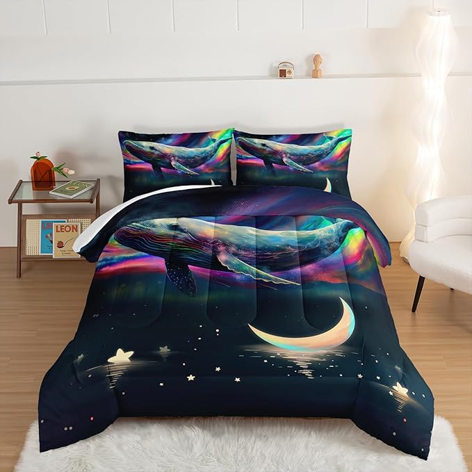 HOSIMA 3D Whale Galaxy Bedding Comforter Sets,Stars Moon Queen Comforter Set Starry Room Decor Aesthetics for Adults Kids,Ocean Theme Marine Life Whale Comforter with 2 Pillowcases.