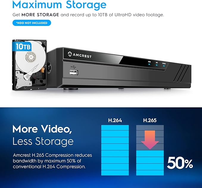 Amcrest NV4108E-A2 4K 8CH POE NVR (1080p/3MP/4MP/5MP/8MP) POE Network Video Recorder - Supports up to 8 x 8MP/4K IP Cameras, 8-Channel Power Over Ethernet Pre-Installed 1TB Hard Drive (NV4108E-1TB)
