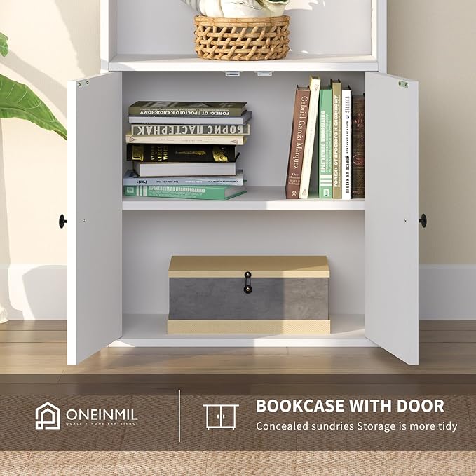 oneinmil 6 Tier Bookcase Set of 2,Wooden Bookshelves with Cabinet Doors, Floor Bookshelf and Office Storage Cabinets for Home Office, Living Room,White
