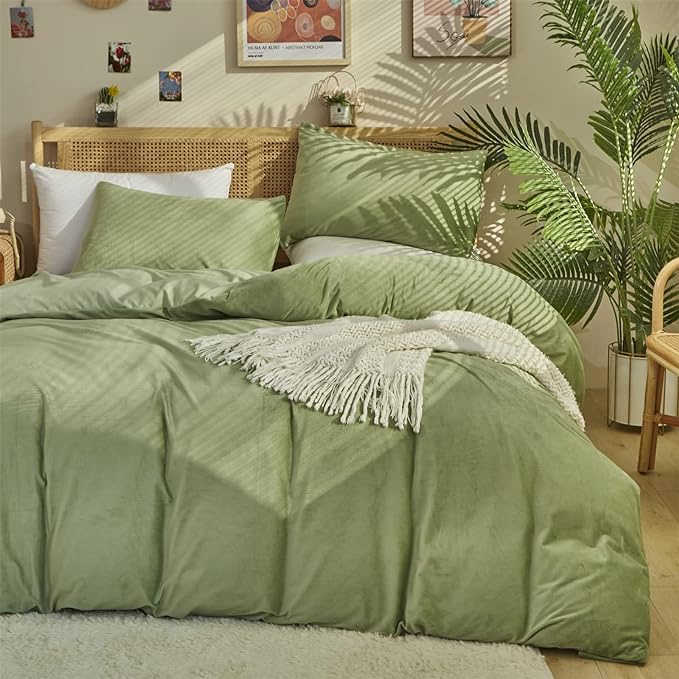 Wellboo Sage Green Velvet Comforter Sets Queen Light Green Fluffy Bedding Solid Color Flannel Quilt Women Men Grass Green Comforters Micromink Sherpa Fuzzy Warm Bed Girls Boys Dorm Plush Bedding Soft
