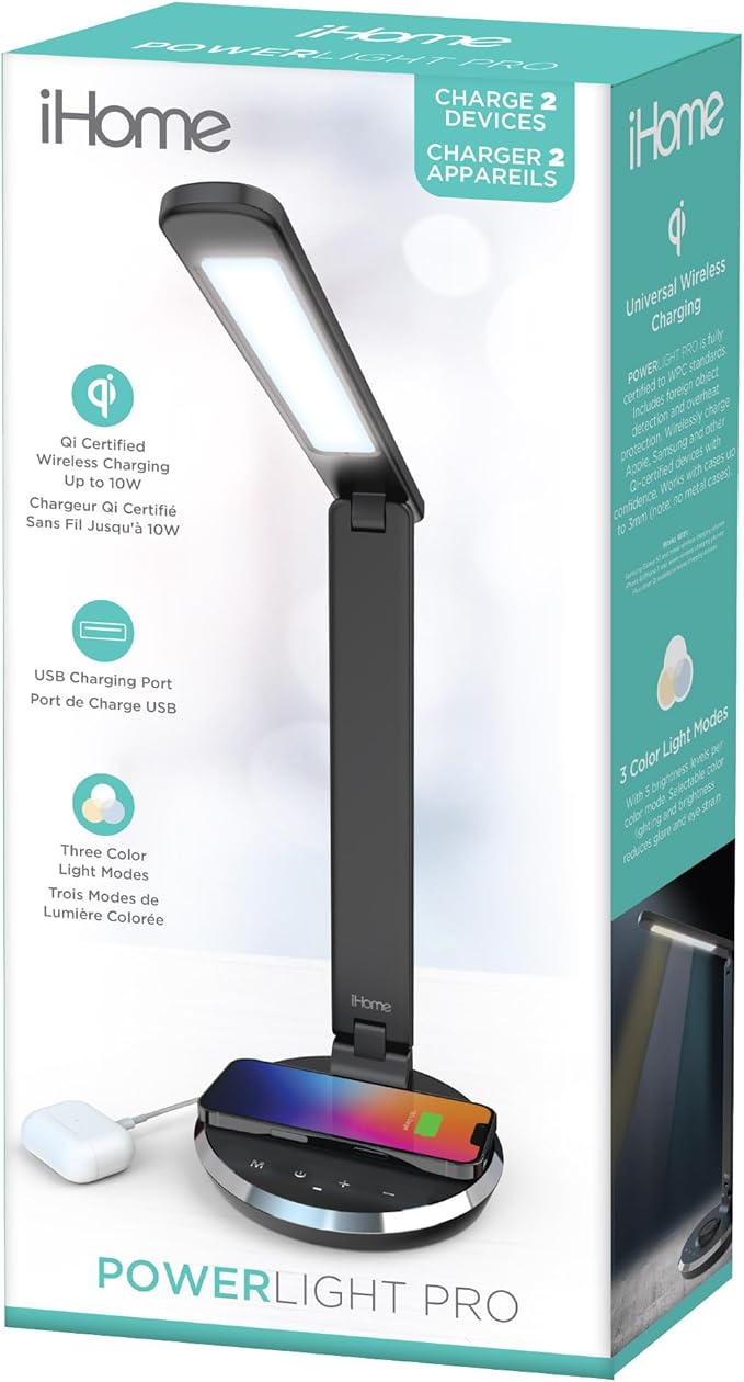 iHome Desk Lamp with Charging Station, Reading Light with Wireless Charging and USB Charging – Black (ILW200B)