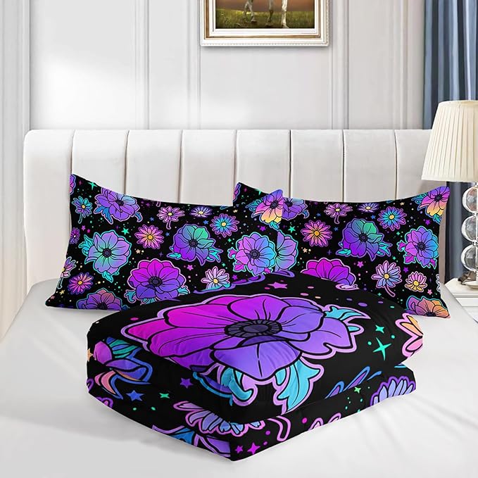 Axolotl Neon Floral Bedding Set Full,Gradient Floral Comforter Set for Girls,Colorful Flower Bedding Set Stars,Galaxy Series Comforter for Kids Boys Girls Teens Adults,1 Quilt 2 Pillowcases,Black