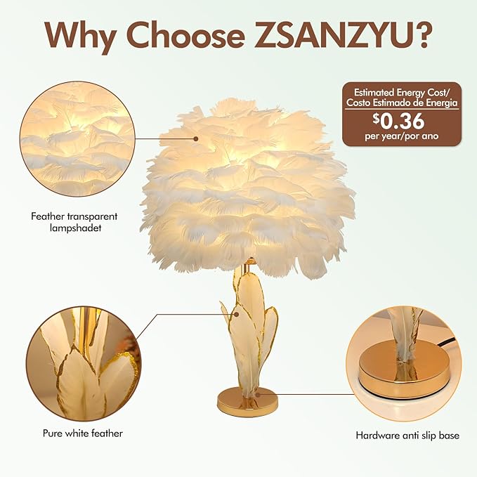 ZYLEIESENBAO Feather Desk Lamp Creative Girls Bedroom Decoration Lamp Modern White Feather Table Bedside Lamp Cute 12'' for Living Room Wedding Childrens Room