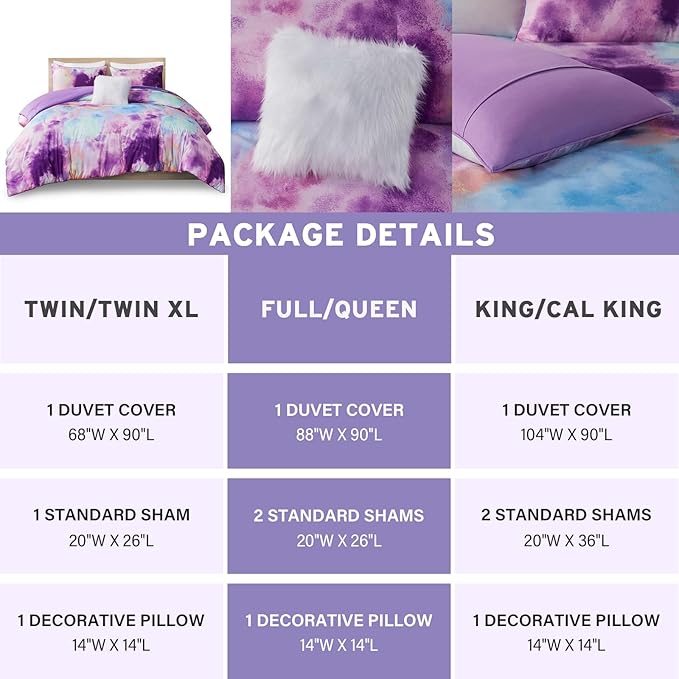 Intelligent Design Duvet Cover King Bedding Sets for Girls & Boys Watercolor Tie Dye King Duvet Cover Set Kids, Microfiber King Size Duvet Cover Set, Pillow Cassiopeia, King/Cal King Lavender 4 Piece