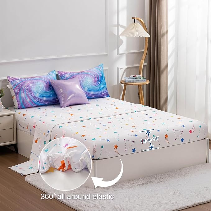 Btargot Super Soft 6 Pieces Gradient Star Ring Comforter Set, Colorful Glitter Rainbow Star Pattern Bedding Set for Boys Girls Teens, Full Purple