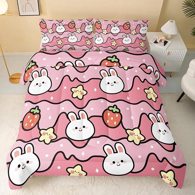 Kawaii Rabbit Comforter,Strawberry Rabbit Comforter Set for Kids Teens Girls,3Pcs Bedding Set Printed Comforter with 2 Pillowcases,Down Alternative,Soft and Lightweight(Pink，Queen Size)