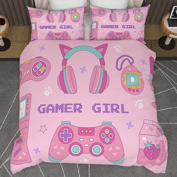 Video Game Twin Size Comforter Set for Girls Kids Teens 3D Gaming Controller Pattern Gamepad Print Bedding Set- 3 Piece Pink Quilt with 2 Pillowcases (68"x90")