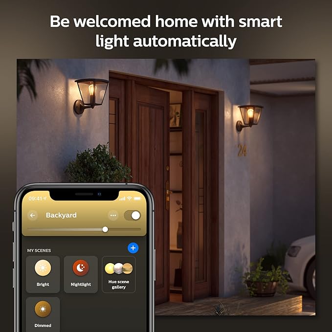 Philips Hue Inara Outdoor Smart Wall Light, Black - E26 White Filament LED Bulb - 1 Pack - Requires Hue Bridge - Control with Hue App and Voice - Weatherproof