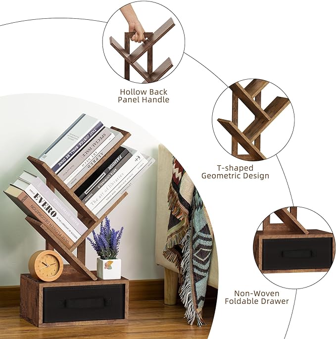 Small Bookshelf with Drawer,4 Tier Tree Book Shelf,Wood Desk Bookshelves,Modern Free Standing Desktop Display Shelves,Brown Floor Standing Organizer Bookcase for Living Room,Bedroom,Office