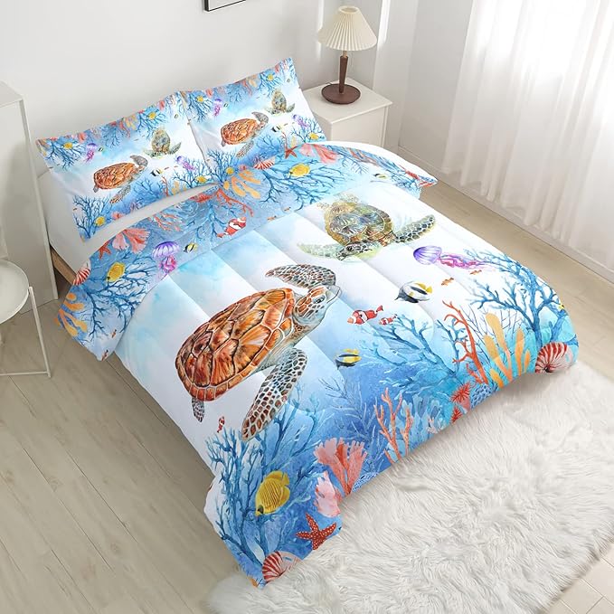 CVHOUSE Sea Turtle Comforter Set,Ocean Watercolor Sea Turtle Bedding Set for Kids Teens,Ocean Sea Turtle Comforter Sea Turtle Duvet Set Room Decor Quilt Set Queen Size