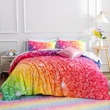 A Nice Night 6Pcs Gradient Abstract Art Grid Mosaic Geometric Bedding Set for Girls, Colorful Rainbow Galaxy Comforter Set, Ultra Soft Bedding Sets (PinkYellow,Full 6Pcs)