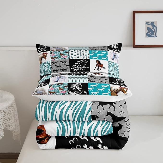 Kawaii Western Bedding,Cute Horse Queen Size Comforter Set For Teen Boys Girls,Rustic Farm Animal Bedding Set Cowboy Cowgirl Boho Comforter Arrow Rose Flower Horseshoe Quilt Set 2 Pillowcases Teal