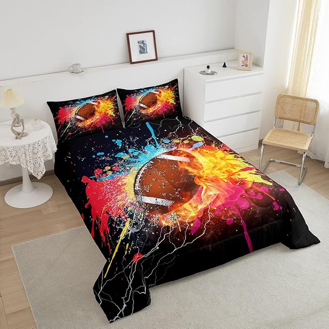 Erosebridal Football Comforter Set for Teen Boys Kids Hippie Tie Dye Sports Football Bedding Sets Rugby Bed Quilt Set Twin Size 1 Comforter and 1 Pillow Case Colorful Sport Theme Bedroom Decor