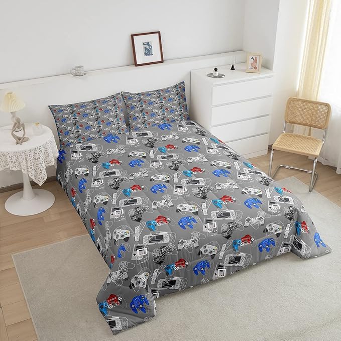 Erosebridal Gaming Comforter Set Twin for Boys Video Game Bedding Set Cartoon Gamepad Gamer Down Comforter, Soft Microfiber Grey White Reversible Bedding Comforters Game Quilt