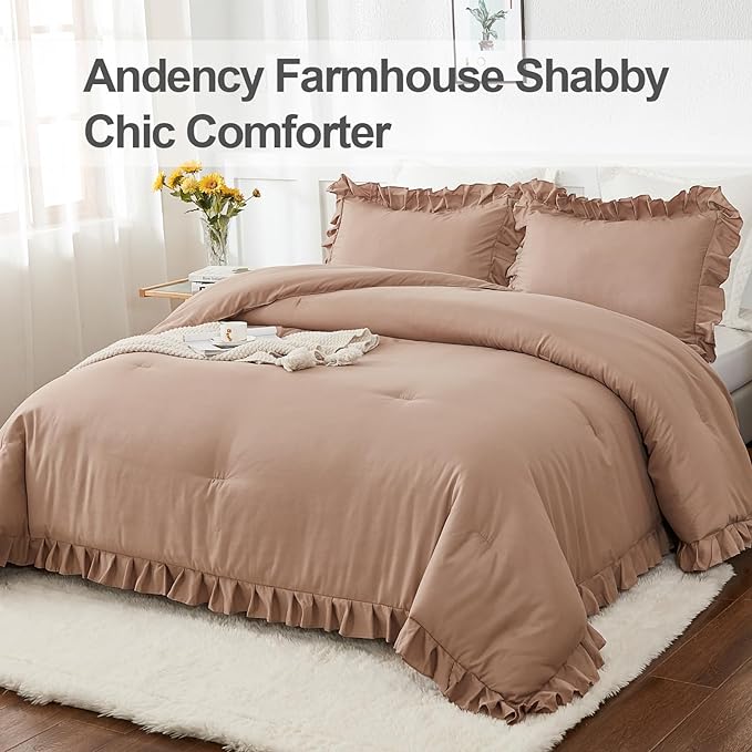 Andency California King Comforter Set Taupe (104x96Inch), 3 Pieces Cal King Ruffle Comforter, Oversized Farmhouse Shabby Chic Bed Comforter, Lighteweight and Soft Microfiber Bedding Set