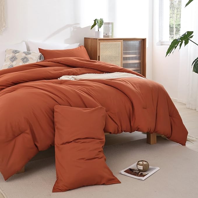 ROSGONIA Twin Comforter for College Girls Boys Teens Burnt Orange, 1 Boho Comforter & 1 Pillowcase, Soft Kids Comforter Sets All Season Dorm Bedding