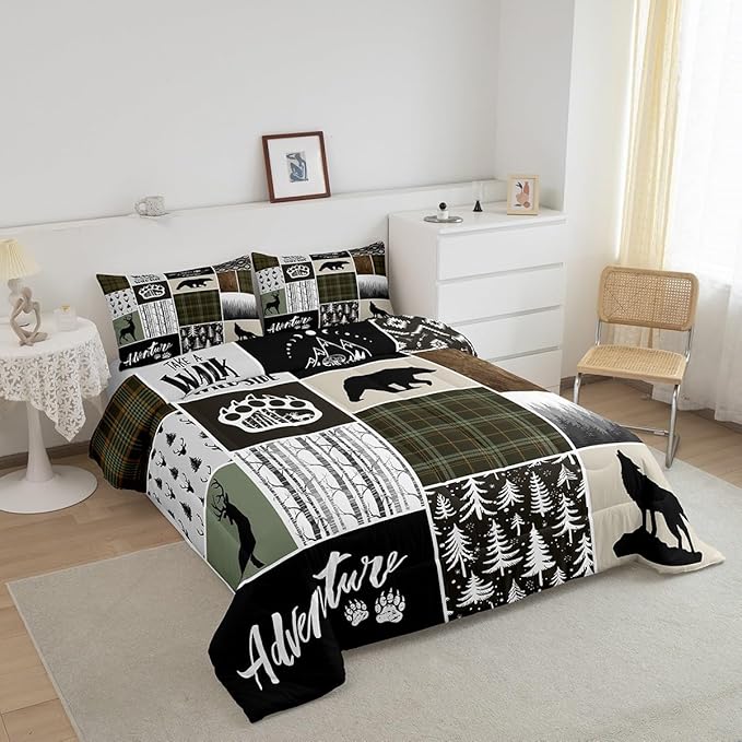Camper Adventure Kids Comforter Set Twin Size,Deer Antlers Bear Paws Rustic Farmhouse Bedding Set for Boys Girls Adults Room Decor,Atzec Arrows Boho Down Comforter,Camo Duvet Insert,1 Pillowcase