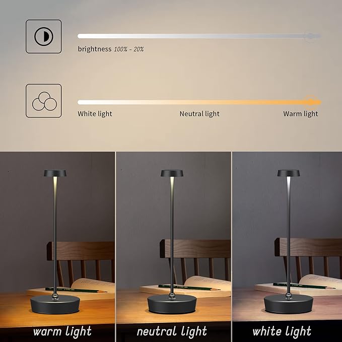 Rechargeable Table Lamp Cordless Battery Operated LED Light 5000mAh 3-level Brightness Portable Desk Lamps Touch Control Indoor Outdoor Use for Patio Home Restaurant