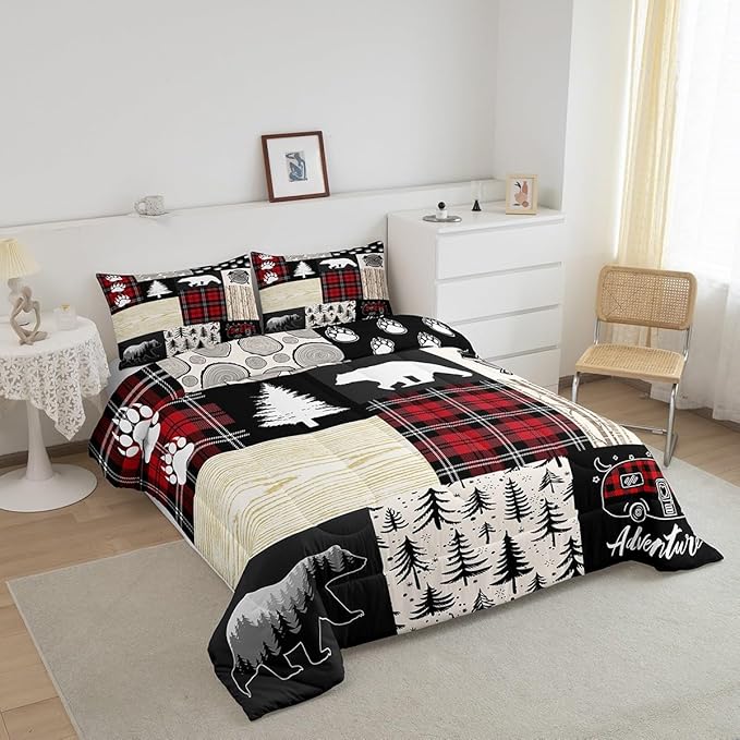 Manfei Bear Comforter Set Twin Size,Pine Trees Animals Hunting Bedding Set for Kids Boys Girls Adults Room Decor,Camping Adventure Rustic Farmhouse Down Comforter,Red Plaids Duvet Insert,1 Pillowcase