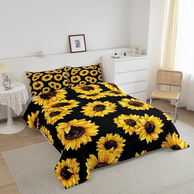 Black Sunflowers Comforter Set Yellow 3D Floral Flowers Comforter Yellow Sunflower Printed Black Reversible Down Comforter Boys Girls Botanical Bedding Sets with 2 Pillowcases (Full, Black Sunflower)