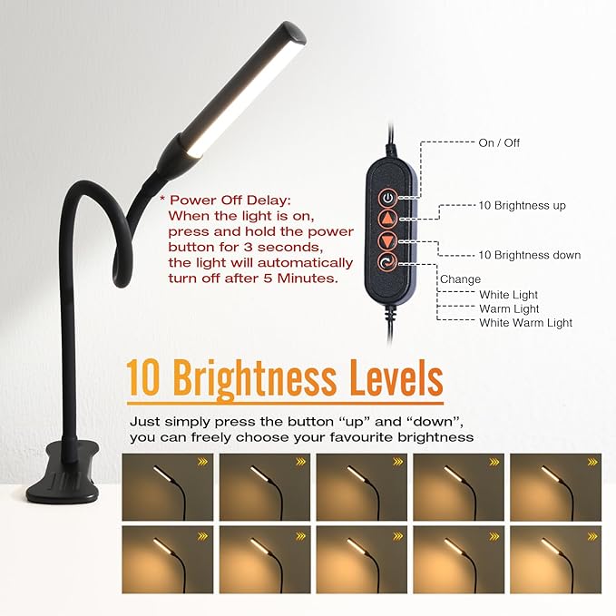 Clip on Reading Light, Clip Light, Warm & Daylight & White Light 3 Colors, Eye-Care Clamp Lamp with 10 Dimmable Illumination Modes