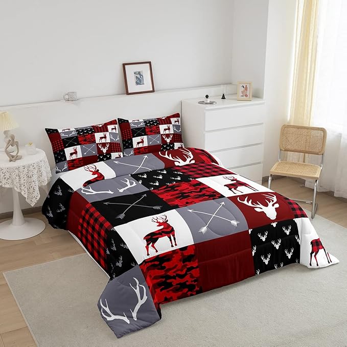 Deer Silhouette Comforter Set Full Size,Antler Arrow Grid Stripe Design Bedding Duvet 3pcs for Kids Teens Adult Boys Girls Home Room Decoration, Camouflage Christmas Style Red Quilt Set