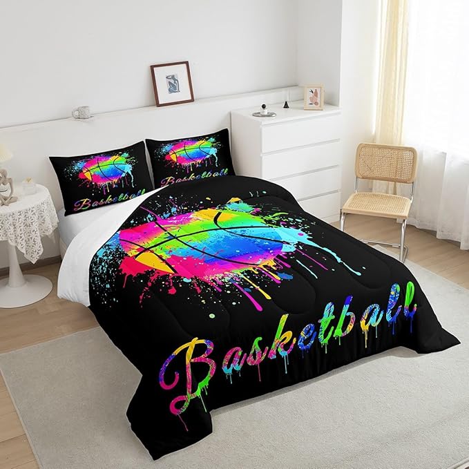 Kids Basketball Comforter Set Full Size Gaming Sports Bedding Set for Boys Girls Teens Bedroom Decor Ball Games Tie Dye Comforter Gift for Basketball Lover Duvet Set with 2 Pillow Case