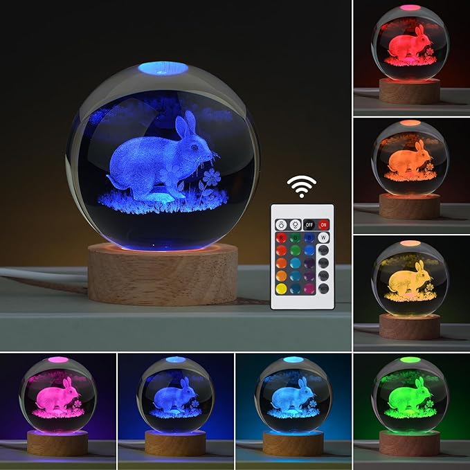 Easter Bunny Lamp Things for Teen Girls, Large 3D Bunny Night Light, Crystal Rabbit Lamp 16 Color Changing with Remote Control for Bedroom Decor, Night Light Bunny with Flowers