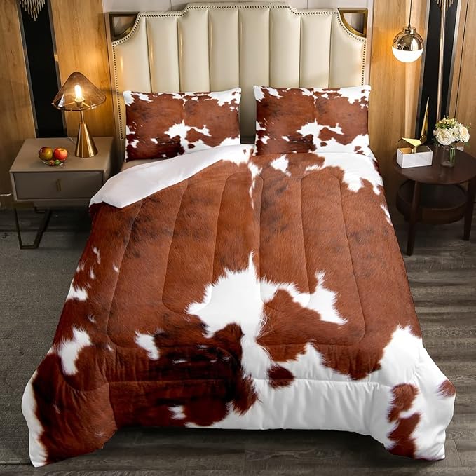 Erosebridal Cow Print Bedding Set Twin, Brown White Cowhide Comforter Set, Farmhouse Animal Hair Bedding Set for Kids Teens Adult Milk Western Cowboy Rustic Duvet Set Home Room Decor